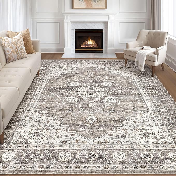 7x9 Area Rug Living Room: Washable Boho Large Neutral Vintage Soft Rugs Stain Resistant Farmhouse Non-Slip Indoor Rustic Floor Carpet for Bedroom Nursery Kids Playroom Office Dining Room- Dark Brown