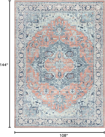 Bloom Rugs Washable Non-Slip 9' x 12' Rug - Coral/Blue Traditional Medallion Area Rug for Living Room, Bedroom, Dining Room, and Kitchen - Exact Size: 9' x 12'