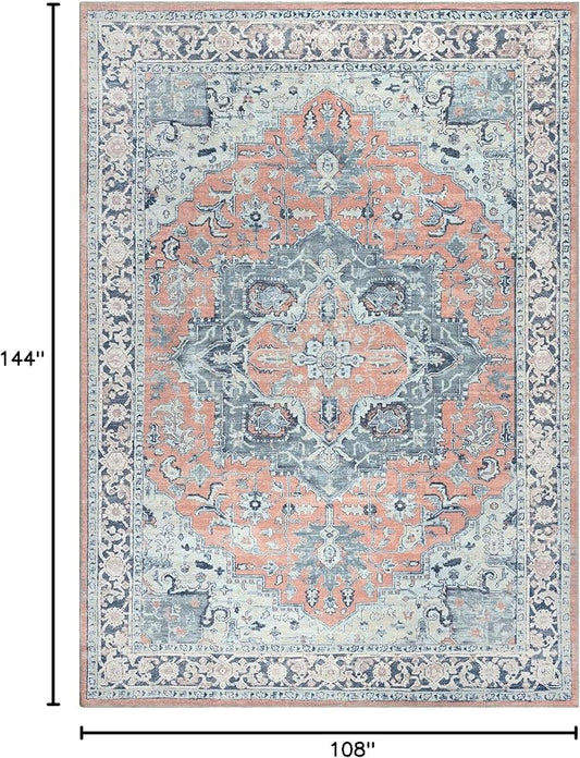 Bloom Rugs Washable Non-Slip 9' x 12' Rug - Coral/Blue Traditional Medallion Area Rug for Living Room, Bedroom, Dining Room, and Kitchen - Exact Size: 9' x 12'