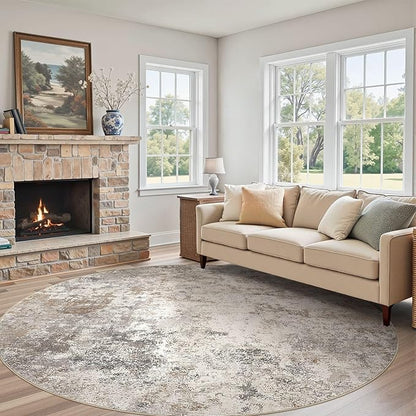 10ft Round Area Rug Living Room Rugs - 10x10 Washable Large Neutral Modern Abstract Soft Thin Rug Indoor Floor No Slip Rug Carpet for Bedroom Under Dining Table Home Office Decor - Brown Grey
