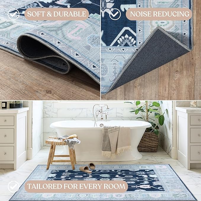 Fame Living Navy Blue Oushak Rug, Modern, Vintage, Turkish, Eclectic, Floral, Pastel, Washable, Area Rugs for Living Room, Dining, Bedroom, Nursery, Girls, Boys, 5'9"x8'9"