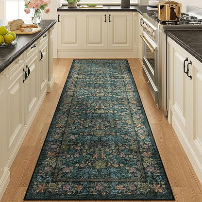 DUKINO 2x6 Runner Rug for Hallway, Washable Vintage Floral Kitchen Rug with Non Slip Backing, Soft Low Pile Throw Carpet Runner for Kitchen, Laundry, Hallway, Bathroom, Blue