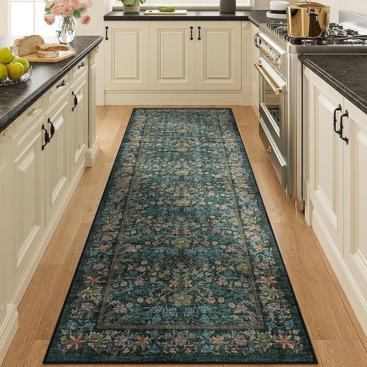 DUKINO 2.6x8 Runner Rug for Hallway, Washable Vintage Floral Kitchen Rug with Non Slip Backing, Soft Low Pile Throw Carpet Runner for Kitchen, Laundry, Hallway, Bathroom, Blue