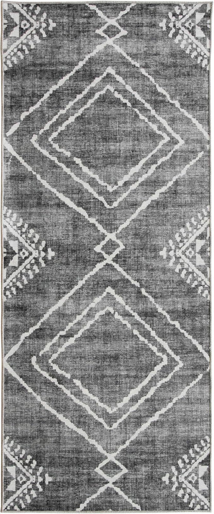 ReaLife Rugs Machine Washable Area Rug Runner - Living Room Bedroom Bathroom Kitchen Entryway Office - Padded Low Pile Stain Resistant Premium - Moroccan Diamond Tribal - Jax - Gray 2'6" x 6'