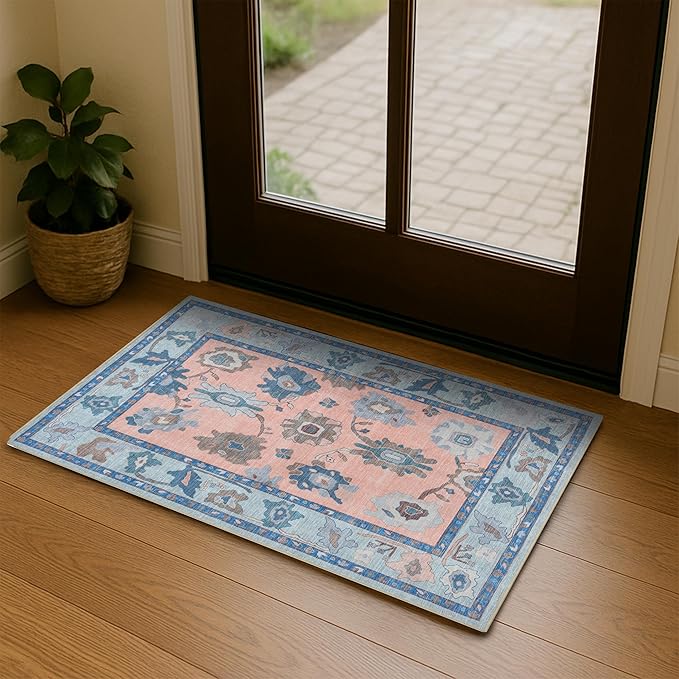 Fame Living Modern Oushak Rug, Small Rugs, Vintage, Turkish, Eclectic, Floral, Pastel, Washable, Door mat, Doormat for Indoor Entrance, Entryway, Kitchen, Bathroom, Bedroom, Laundry, 2'x3'