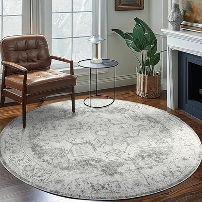 jinchan Kelda Round Rug 7ft Washable Area Rug Indoor Vintage Bedroom Floor Cover Distressed Circle Mat 7' Round Lightweight Non Slip Low Pile Thin Farmhouse Carpet for Living Room Dining Room Grey