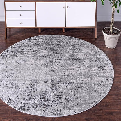 Rugs.com Leipzig Collection Rug – 4 Ft Round Gray Low-Pile Rug Perfect for Kitchens, Dining Rooms