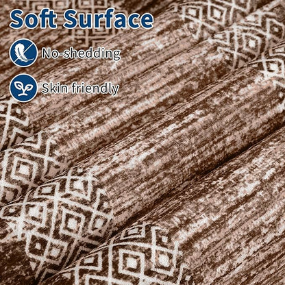GarveeHome Washable Rug 5x7 Modern Bordered Rug with Non Slip Rubber Backing, Low Pile Thin Carpet, Soft Non Shedding Floor Covering, Foldable Printed Carpet for Living Room Bedroom, Brown