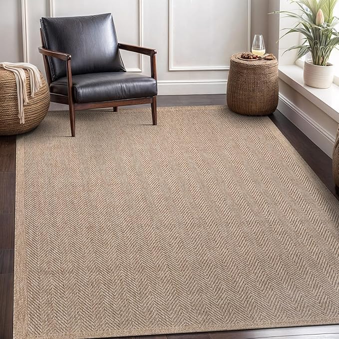 CAMILSON Easy Jute Rug 8x10, Indoor Outdoor Natural Color Fiber Area Rugs for Living Room and Patio Rug Herringbone Seagrass Boho Woven Design Easy-Cleaning Washable Outside Carpet Alfombras 8 x 10