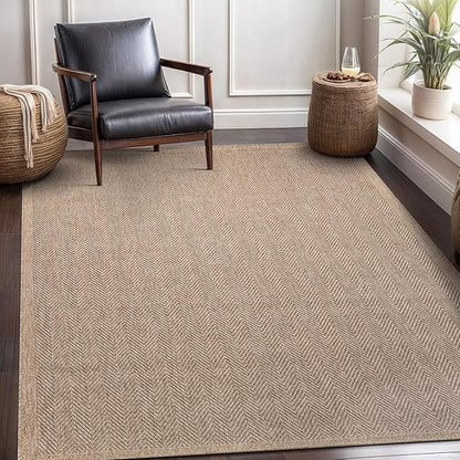 CAMILSON Easy Jute Rug 8x10, Indoor Outdoor Natural Color Fiber Area Rugs for Living Room and Patio Rug Herringbone Seagrass Boho Woven Design Easy-Cleaning Washable Outside Carpet Alfombras 8 x 10