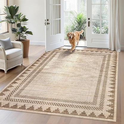 Geometric Bordered Washable 5x7 Area Rugs for Dining Room Bedroom Foldable Non Slip Soft Indoor Carpet Stain Resistant Modern Living Room Low Pile Rug with Rubber Back, Beige Brown