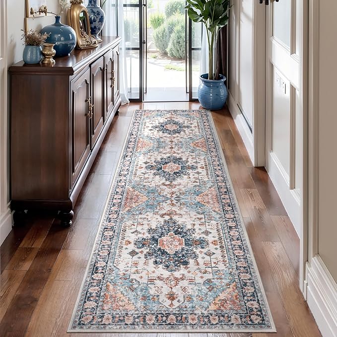 Tangsoo 2.6x8 Washable Runner Rug for Hallways, Non Slip Vintage Rug, Soft Low Pile Long Runner, Blue Carpet Runners for Kitchen Bedroom Entryway Bathroom Living Room