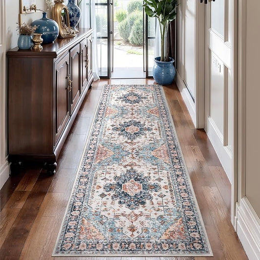 Tangsoo 2.6x8 Washable Runner Rug for Hallways, Non Slip Vintage Rug, Soft Low Pile Long Runner, Blue Carpet Runners for Kitchen Bedroom Entryway Bathroom Living Room