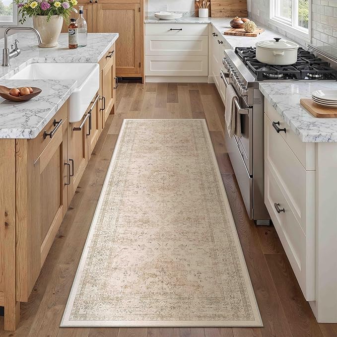 Hallway Runner Rug 2x6 Washable Beige Vintage Distressed Long Runner Oriental Soft Thin Indoor Carpet Non Slip Low Pile Throw Rug for Kitchen Bedroom Laundry Bedside Entryway
