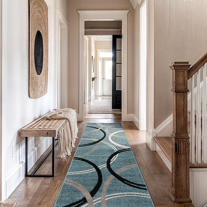 Rugshop Modern Wavy Circles Design Runner Rug, Carpet with Jute Backing for Hallway, Entryway, or Kitchen, Blue, 2'7" x 10'