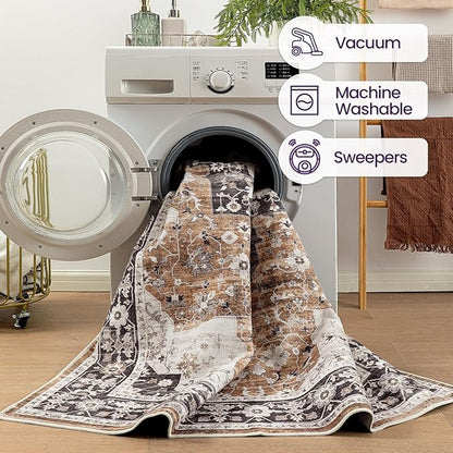 DEXI 4x6 Area Rug for Living Room, Washable Vintage Farmhouse Thin Rug Indoor Floor, Non Slip Stain Resistant Low Pile Carpet for Dining Room Bedroom Office, Brown