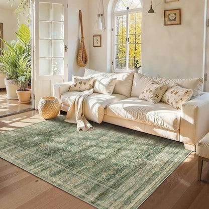 HelloTree Washable Rugs 5x7 Area Rug for Living Room, Vintage Boho Rug Non Slip Carpet Retro Accent Indoor Mat Print Distressed Low Pile Throw Large Rug for Office Bedside-Green