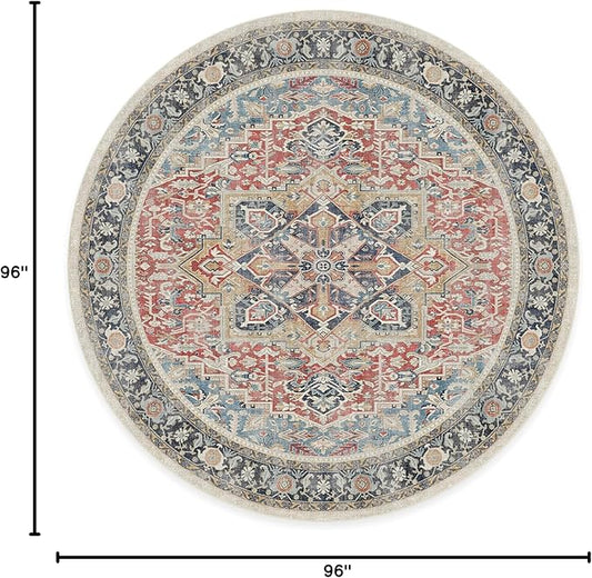 RUGGABLE Washable Vintage Area Rug – Kamran Cayenne Red 8 ft Round, Stain-Resistant, Non-Slip – Large Machine Washable Rugs for Living Room, Bedroom, Hallway, Entryway & Office–with Cushioned Pad