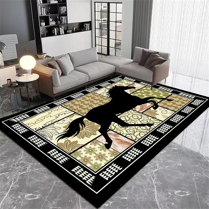 Western Horse Print Rugs 3x4ft,Boho Floral Area Rug, Botanical Print Low Pile Carpet, Stain-Resistant & Machine Washable Non-Slip Mat for Living Room, Bedroom, Dining Room