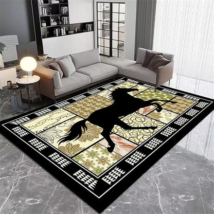 Western Horse Print Rugs 7x10ft,Boho Floral Area Rug, Botanical Print Low Pile Carpet, Stain-Resistant & Machine Washable Non-Slip Mat for Living Room, Bedroom, Dining Room