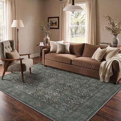 Bavni Area Rugs for Living Room, 5x7 Area Rugs Non-Slip Washable，Ultra-Thin Aesthetic Boho Rug for Bedroom Dinning Room Office, Dark Green