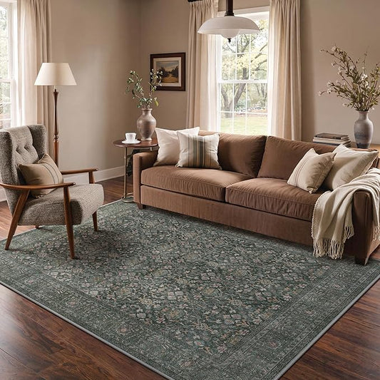 Bavni Area Rugs for Living Room, 5x7 Area Rugs Non-Slip Washable，Ultra-Thin Aesthetic Boho Rug for Bedroom Dinning Room Office, Dark Green