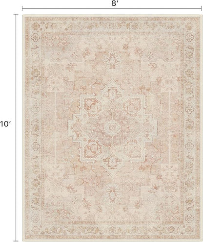 8x10 Area Rugs for Living Room, Machine Washable Non Slip Vintage Rugs, Low Pile Lightweigt Print Indoor Rug for Bedroom, Dining Room, Home Office, Pink