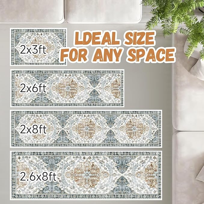 Boho Mandala Pattern 2x8ft Runner Rug Non Slip Washable Kitchen Runner Rug with Rubber Backing，Low-Pile Soft Washable Runner Rugs for Hallway Entryway Kitchen Bedroom Living Room Bathroom