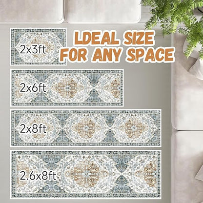 Boho Mandala Pattern 2x8ft Runner Rug Non Slip Washable Kitchen Runner Rug with Rubber Backing，Low-Pile Soft Washable Runner Rugs for Hallway Entryway Kitchen Bedroom Living Room Bathroom