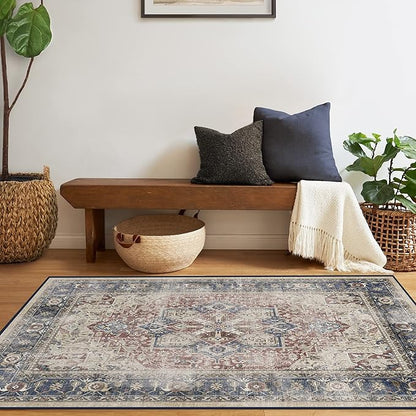 RUGGABLE Washable Area Rug – Kamran Royal Blue 4x6, Stain-Resistant, Non-Slip – Medium Machine Washable Rugs for Living Room, Bedroom, Hallway, Entryway & Office–with Standard Pad