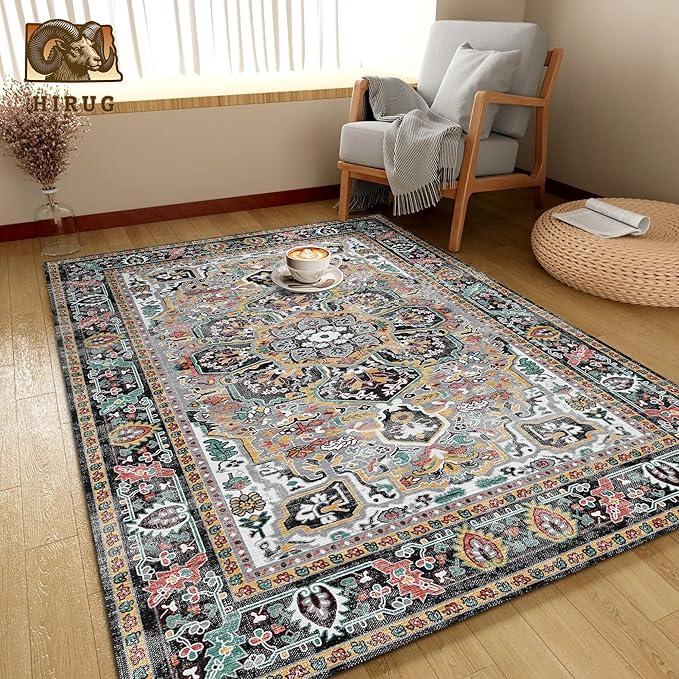 Washable Area Rug 3' x 5 ' Vintage Traditional Persian Mat - Foldable Distressed Non-Slip Machine Washable Carpet for Living Room Bedroom Kitchen Home Decor - Slate and Multicolor