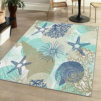 Tritard Coastal Area Rugs Nautical Beach Themed Non-Slip Machine Washable Rugs Modern Floor Carpet for Living Room Bedroom, 8x10, Navy