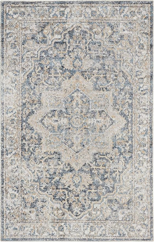 Nourison Home Astra Machine Washable Traditional Grey/Blue 4' x 6' Area Rug, Easy Clean, Non Shedding, Bed Room, Living Room, Dining Room, Kitchen (4x6)