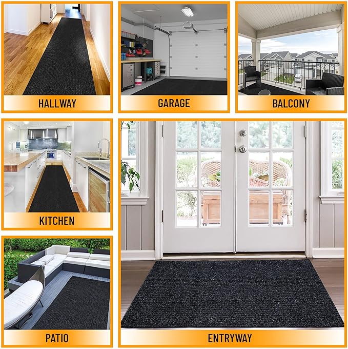 Ottomanson 2' x 5' Hallway Runner with Scraper Pile Extra Durable Non-Slip Rug Mat for Indoor & Outdoor Use - Ideal for Kitchen, Entryway, Patio & Garage - High-Traffic Carpet, Black