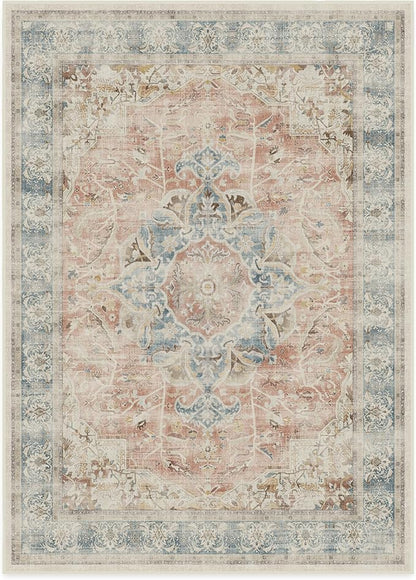 RUGGABLE Washable Vintage Area Rug – Sarrah Coral 10x14, Stain-Resistant, Non-Slip – Large Machine Washable Rugs for Living Room, Bedroom, Hallway, Entryway & Office–with Cushioned Pad