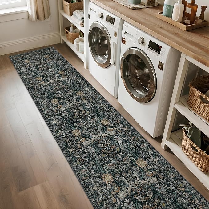 Washable Runner Rug 2x10: Vintage Boho Floral Carpet Runners for Hallway Entryway Non-Slip - Soft Botanical Low Pile Thin Mat for Kitchen Bathroom Bedroom Laundry Floor Decor - Dark Green