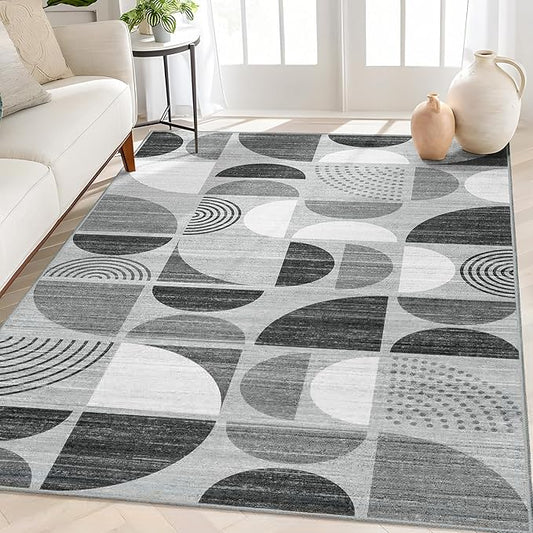 MUJOO Washable Rug Black,4x6.5 Area Rugs for Bedroom Entryway Living Room Bedside,Small Boho Throw Floor Carpet Non Slip Soft Indoor Modern Abstract Black and Grey