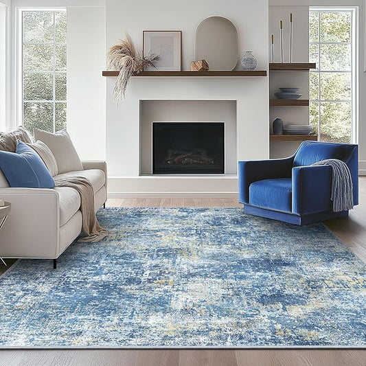Bavni 8x10 Area Rugs Machine Washable Rug for Living Room, Modern Printed Rug Indoor Soft Area Rug for Bedroom Dining Room, Ultra-Thin Low Pile Carpet with Non Slip Rubber Backing, Denim Blue