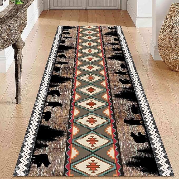 Southwestern Runner Rug, 3.3x10ft, Rustic Lodge Aztec Country Bear Decorative Runner Rug, Vintage Forest Birch Wild Animal Print Entrance Hallway Rug, Soft Non-Slip Carpet for Living Room Bedroom