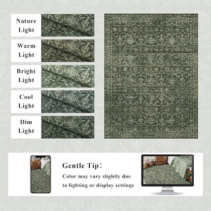 Washable Area Rug 5x7 Green Rugs for Living Room, Vintage Boho Large Rug for Bedroom Dining Room Office, Distressed Floral Print Carpet for Under Table, Soft Non Slip Low Pile Throw Carpet Indoor Mat