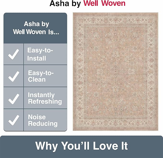 Well Woven Asha Rome Beige Cream 6' x 9' Area Rug - Oriental Floral Pattern, Easy Clean, Floor-Friendly Backing - for Living Room, Bedroom, and Dining Room