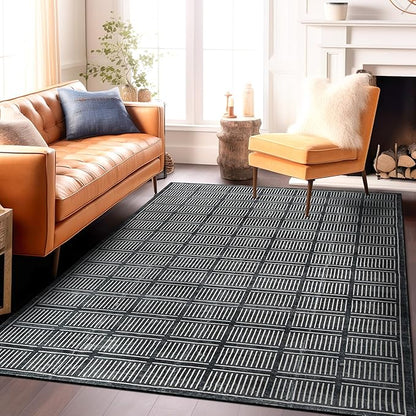 Rugshop Bohemian Stripe Lines Washable Non Slip Area Rug 5' x 7' Black