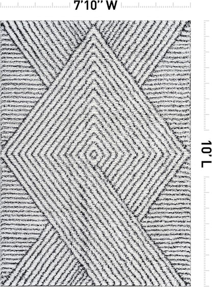 Rugshop Geometric Diamond Stripe Shag Area Rug White 7' 10" x 10' Perfect for Large Living Rooms, Dining Areas, or Master Bedrooms