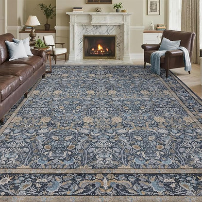 Washable Living Room Rug: 8x10 Boho Floral Soft Area Rug for Bedroom Decor - Vintage Low Pile Thin Carpet for Dining Room Non-Slip - Farmhouse Stain Resistant Rugs - Slate Blue