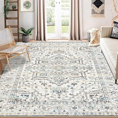 Enkor Area Soft Rugs 8x10 Washable Non Slip Boho Floor Rugs for Living Room Bedroom, Vintage Style Farmhouse Mat for Kitchen Entryway White & Grey