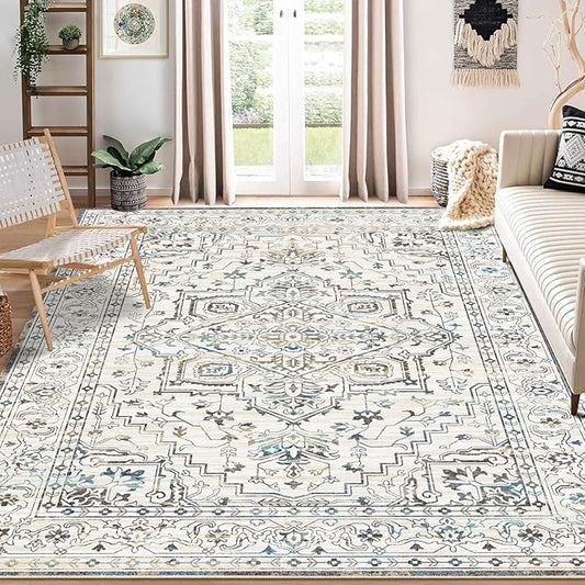 Enkor Area Soft Rugs 8x10 Washable Non Slip Boho Floor Rugs for Living Room Bedroom, Vintage Style Farmhouse Mat for Kitchen Entryway White & Grey