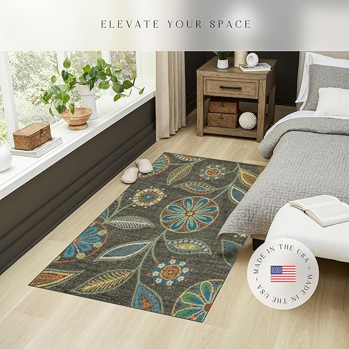 Maples Rugs Reggie Floral Area Rug - Made in USA - Washable, Non Slip, Pet-Friendly Mats for Living Room, Bedroom, and Office, 3'4 x 5, Dark Grey
