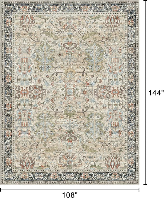 Bavni Area Rugs 9x12 Living Room Clearance Washable Large Carpet for Bedroom Non-Slip, Ultra Thin Low Pile Modern Printed Decorative Rug for Dinning Room Office, Ivory/Teal