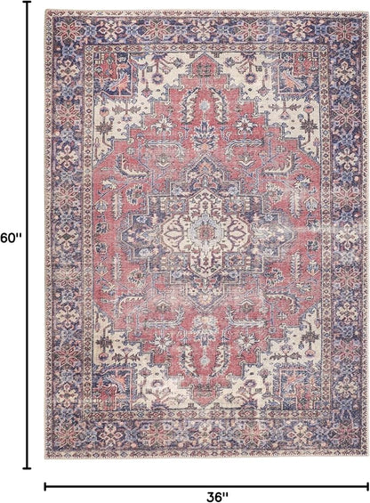 GLN Rugs Traditional Collection - Machine Washable Area Rug, Traditional Washable, Non Slip, Low Pile Chenille Rug, Living Room, Bedroom, Kitchen Rug (3' x 5' Multi Blue)