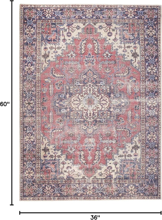 GLN Rugs Traditional Collection - Machine Washable Area Rug, Traditional Washable, Non Slip, Low Pile Chenille Rug, Living Room, Bedroom, Kitchen Rug (3' x 5' Multi Blue)